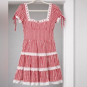NWT Sugar Thrillz Red Gingham Lace Trim Cottagecore Babydoll Mini Dress